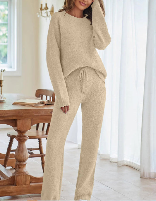 Solid Color Women's Round Neck Long Sleeve Trousers Warm Suit Dream Z