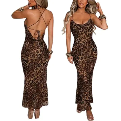 QIISEVEN Womens Leopard Print Dress V Neck Maxi Dress Spaghetti Strap Dress Sexy Bodycon Y2K Dress Backless Long Dress (Leopard PrintSSmall) Dream Z